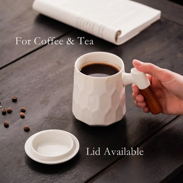 2023 New Large Unique Luxury Ceramic White Porcelain Water Coffee Mug with Wooden Handle