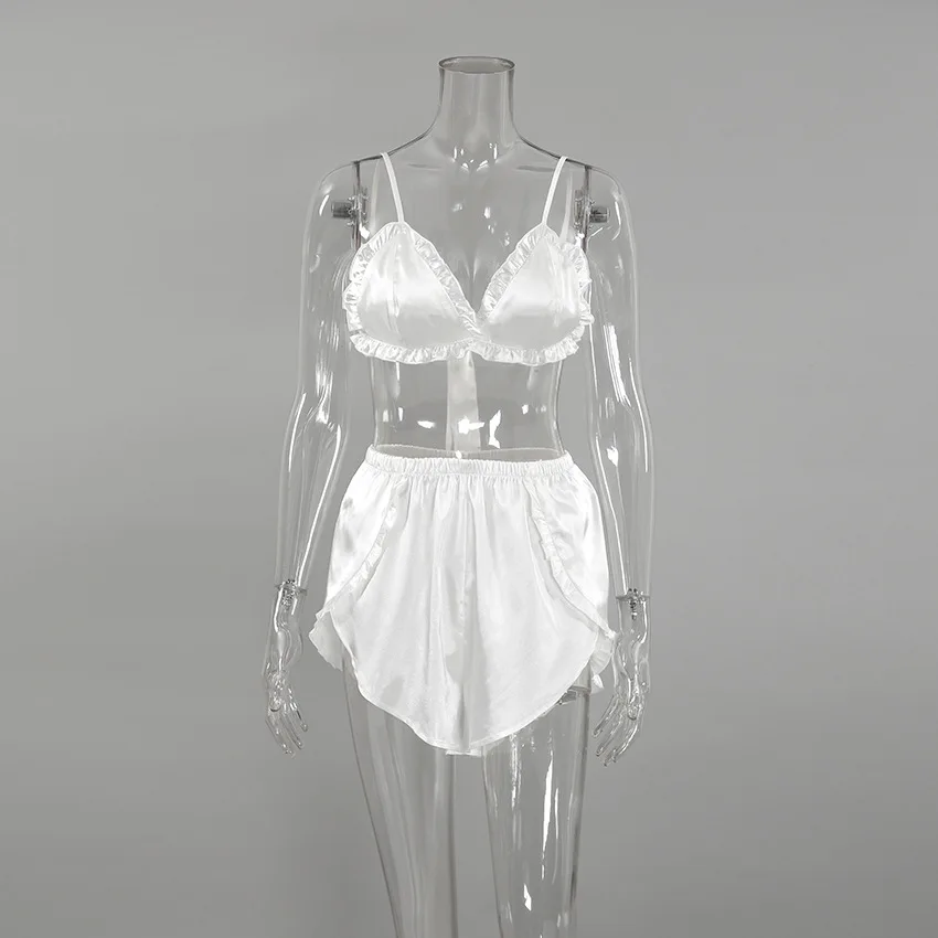 New Arrival Sexy Pajamas Summer Ice Silk Camisole Ladies Pajamas Lace Camisole Bra Crop Top Shorts