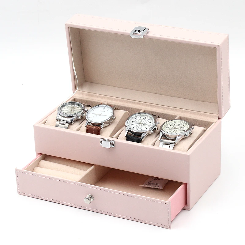 Hot popular 4 slots watch packaging box with pink pu leather 2 slots jewelry box watch case in stock