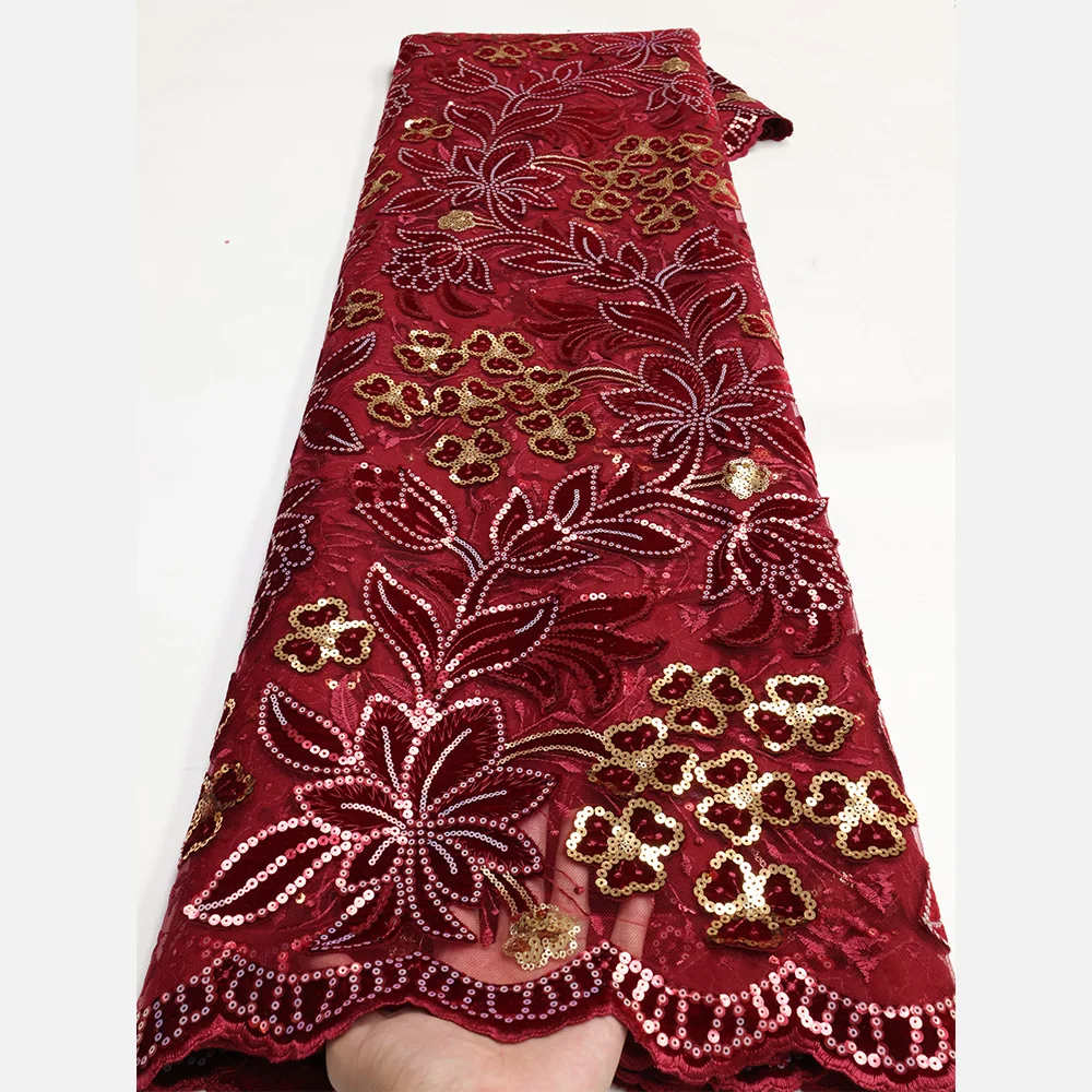 NI.AI Green and Gold Sequence Velvet Net Lace Nigerian Lace Material Embroidered Fabric for Women Dress