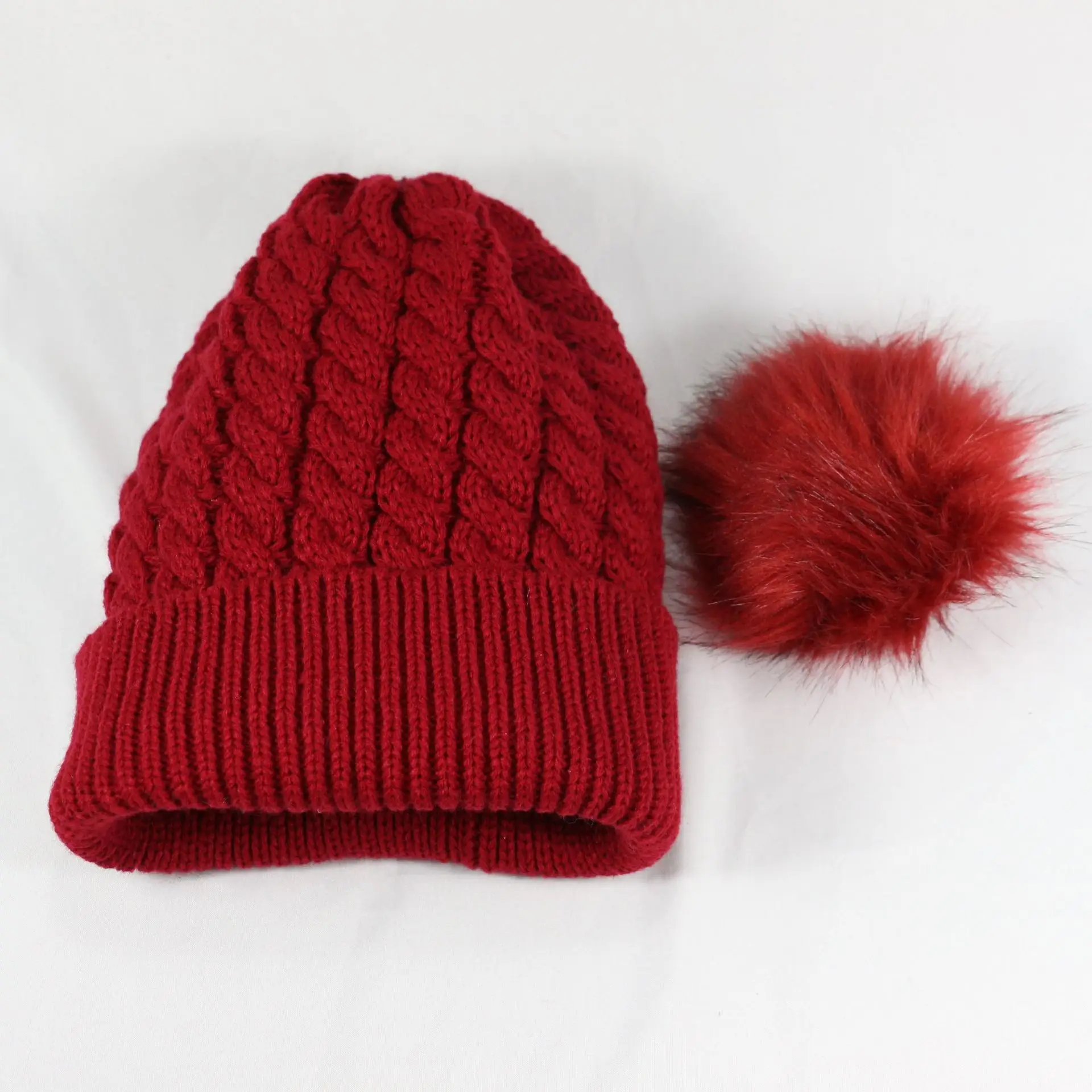 Thickened High Elasticity Satin Lined Women Knitted Cuff Beanie Acrylic PomPom Knitted Autumn Winter Stripe Beanie Hat