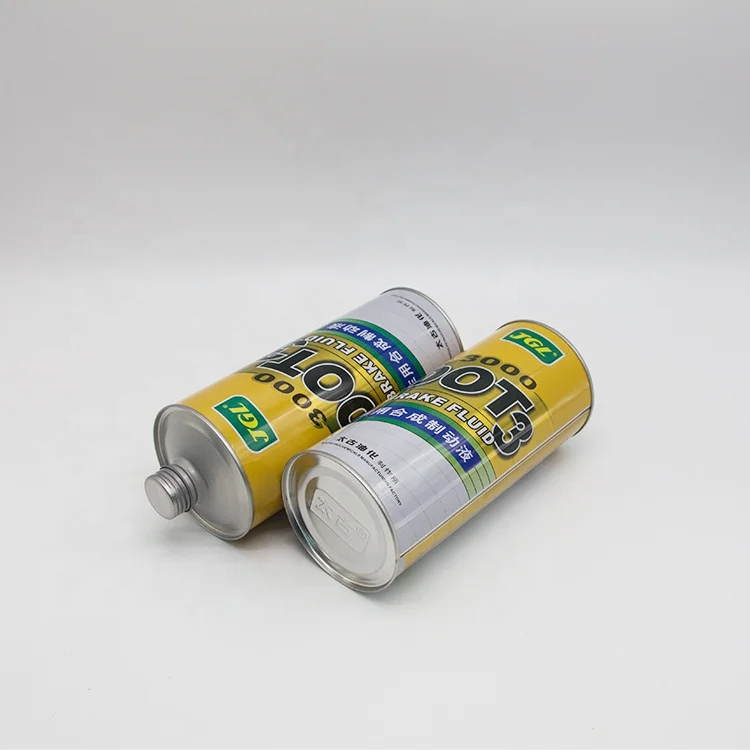 Cone top empty tin can with customized printing for 1L brake fluid cleaning agent