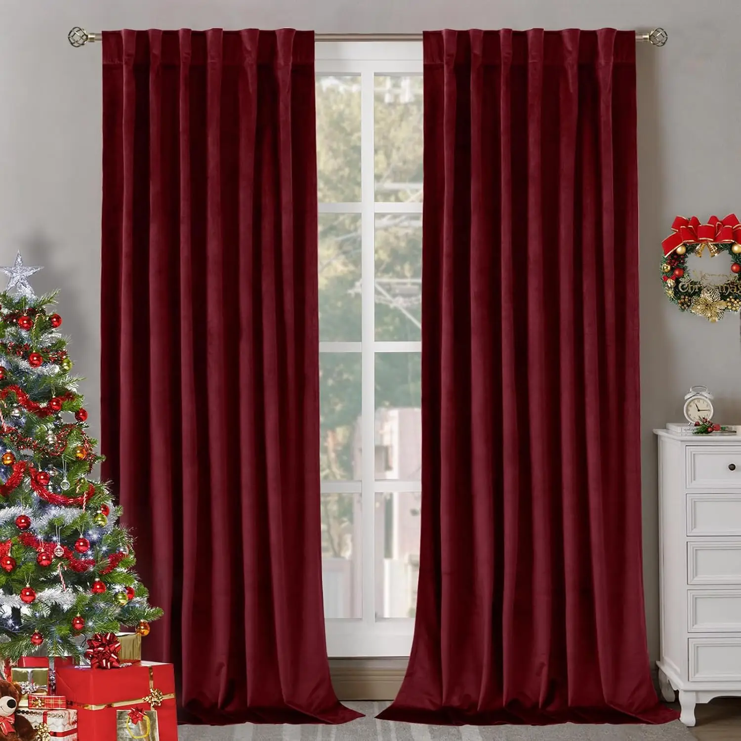 Burgundy red velvet fabric curtains luxury living room Christmas Window Curtains Winter Xmas Decorations Curtains for Bedroom