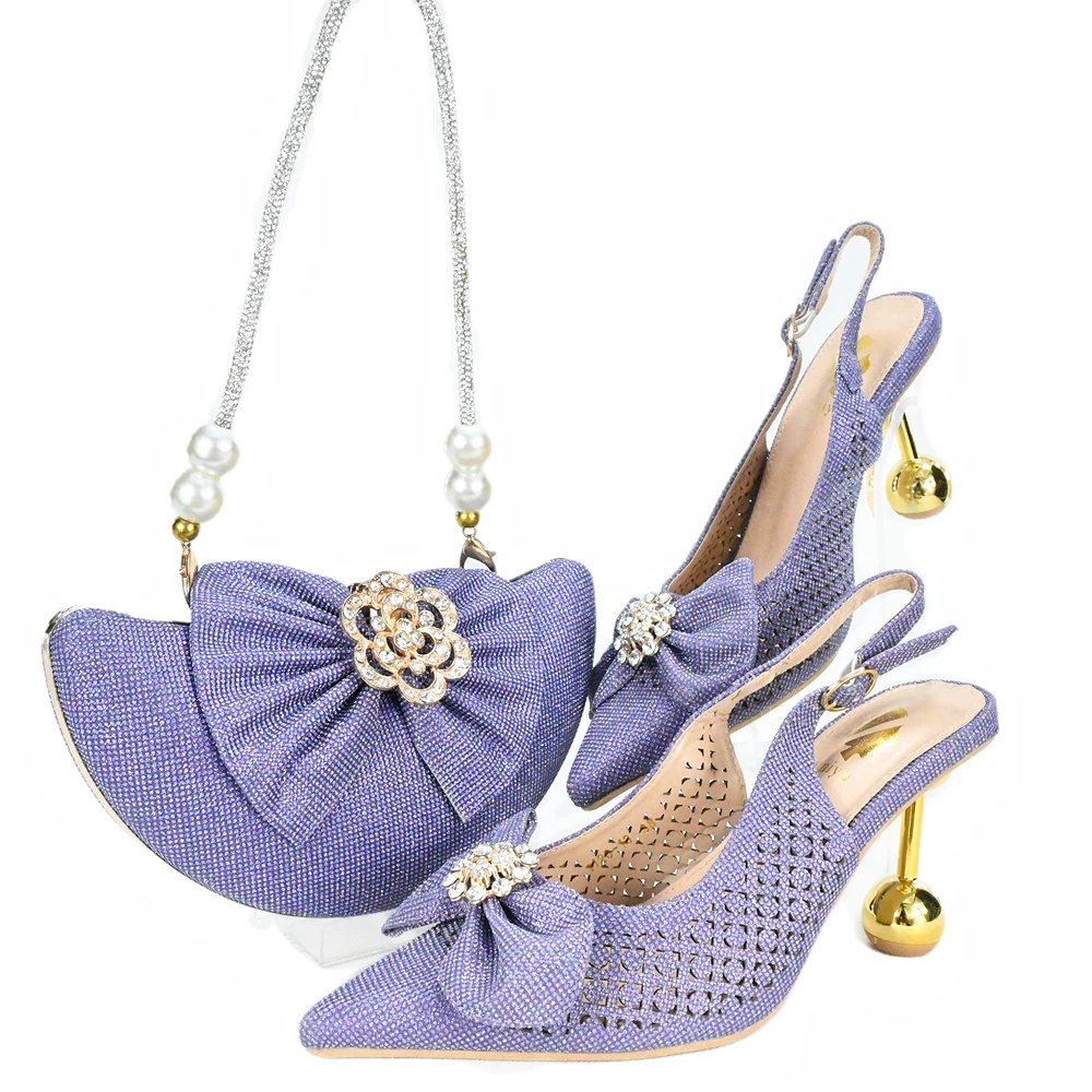 Rhinestone 2024 Purple Color Pointed Toes Design Ladies Sandal Shoes Matching Bag Set For Nigerian Women Wedding Party