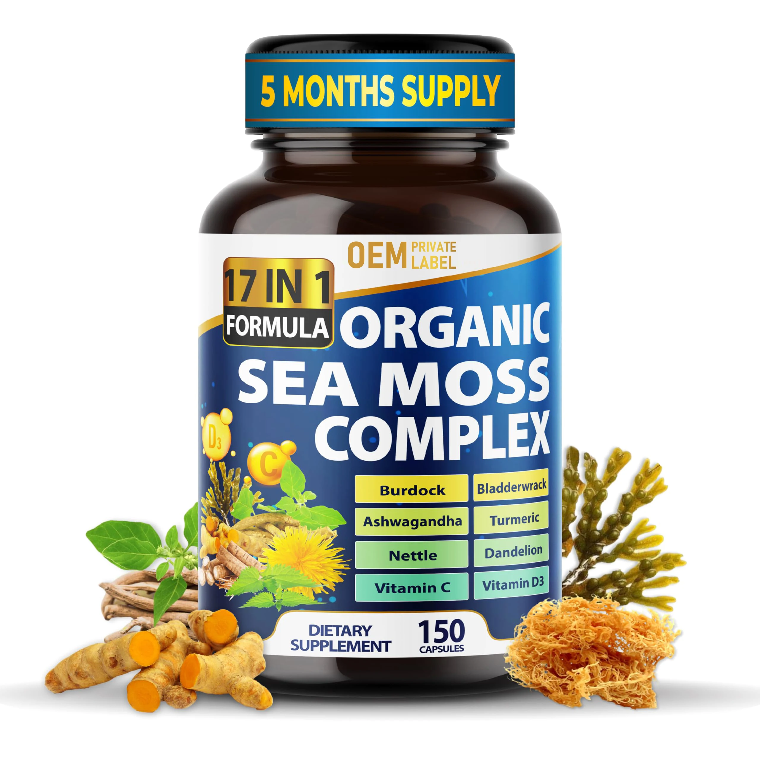 OEM Private label 16-in-1 Sea Moss Pills Burdock Root Black Seed Oil Ashwagandha Vegan Sea Moss Complex Capsules