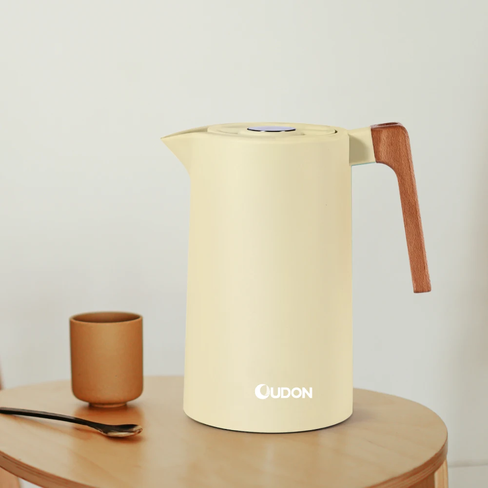 Stainless Steel Liner Wooden Handle Coffee Pot Thermos Flask with Press Button Lid