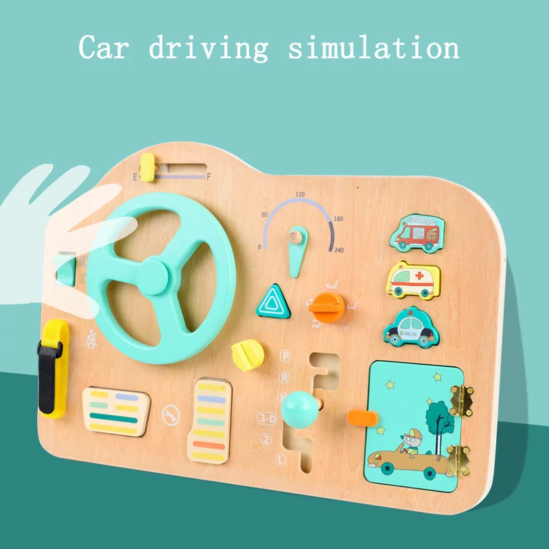 Early education simulation small driver simulation steering wheel baby car driving toys children wooden busy board toys