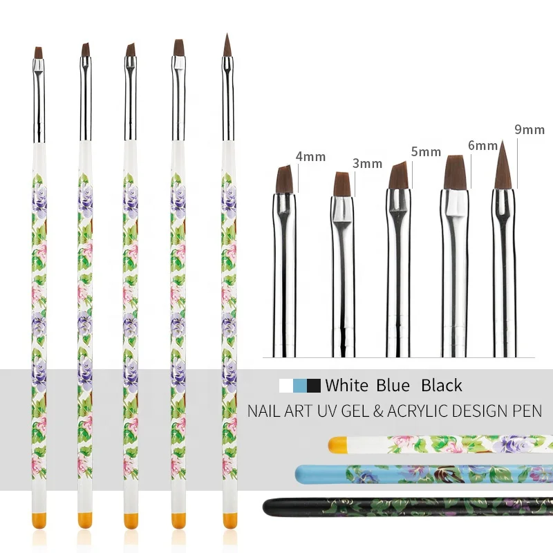 5PCS set Nail Art Brushes Wood Flower Acrylic Gel UV Polish Painting Builder DIY Salon Pen Flat Brush Kit Styling Tools Manicure