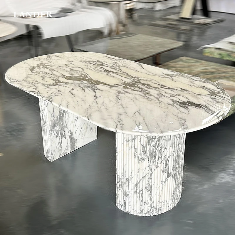 Роскошный обеденный стол Arabescato Corchia из белого мрамора Овальный дизайн с полированной отделкой мебель натурального камня для гостиничной кухни