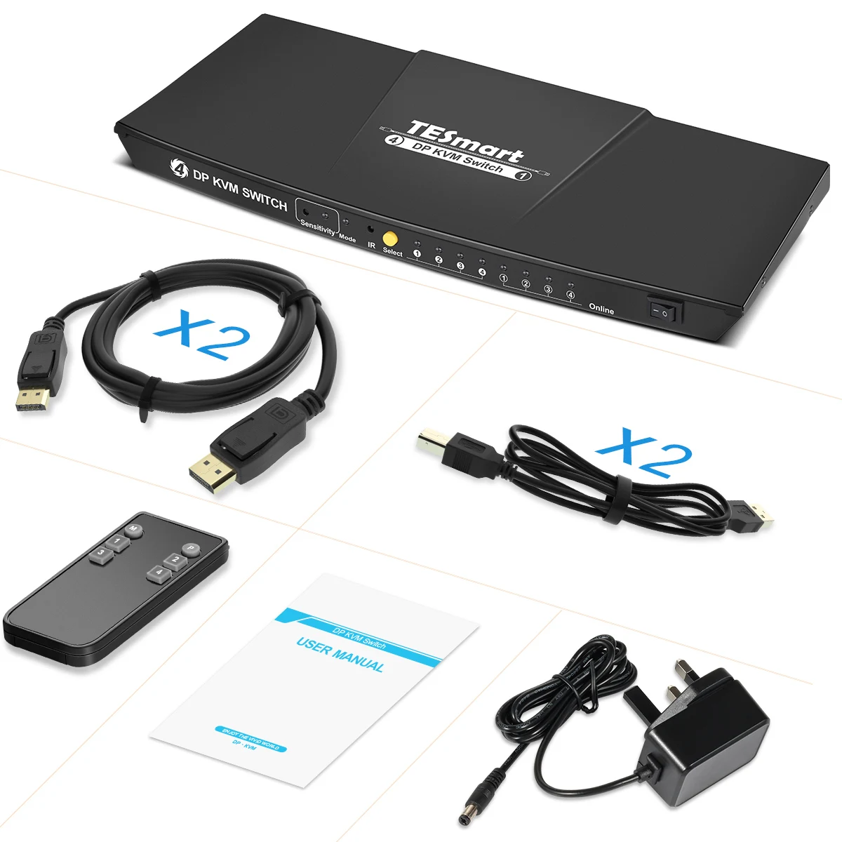 TESmart 4 Port DP KVM Switch Support 3840*2160@60Hz Mouse Gesture IR Remote Keyboard Hot Keys 4 In 1 Out KVM Switches
