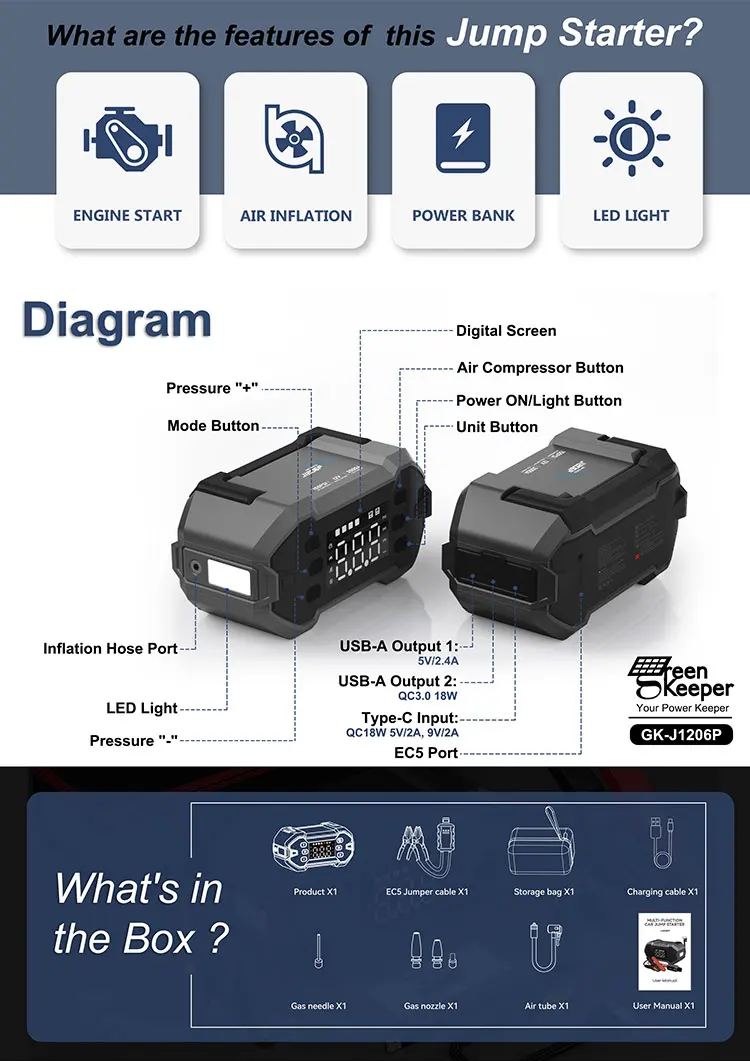 3000A 20000mAh Car jump starter inflation pump integrated machine with led light