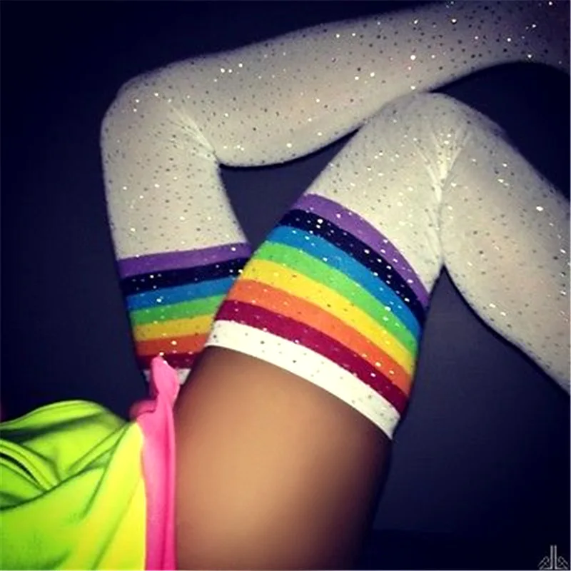 White Rainbow Striped Socks cotton hose with shiny diamonds sexy young girls tube socks sexy thigh high socks for girls