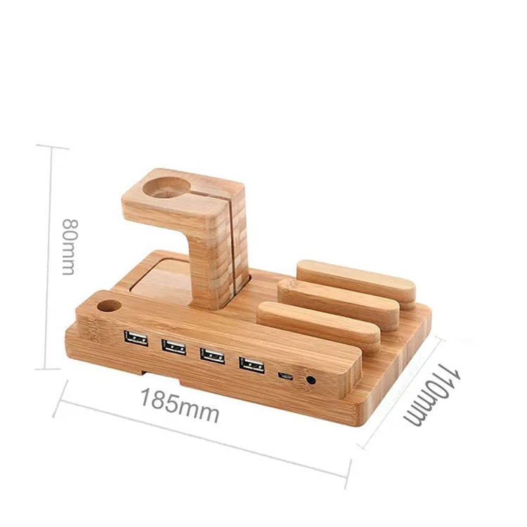 Wood bamboo Desktop Cord Mobile Phone Charging Stand holder with 3 Slots for Phones and pad USB charging holder
