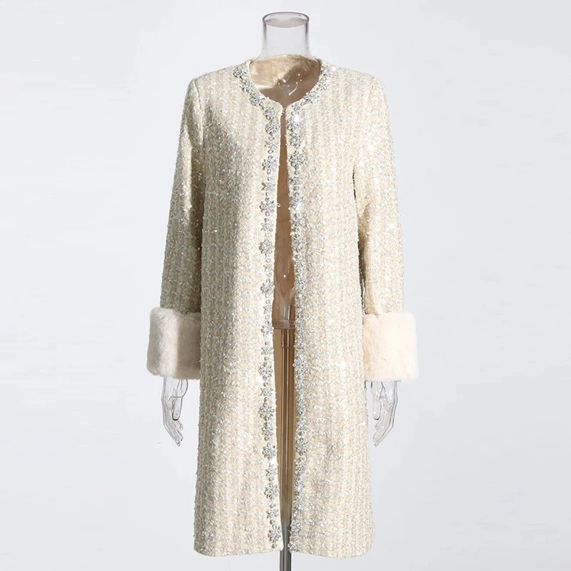 CHICEVER Round Neck Long Sleeve Single Breasted Sequins Patchwork Feathers Winter Jackets For Women 2023