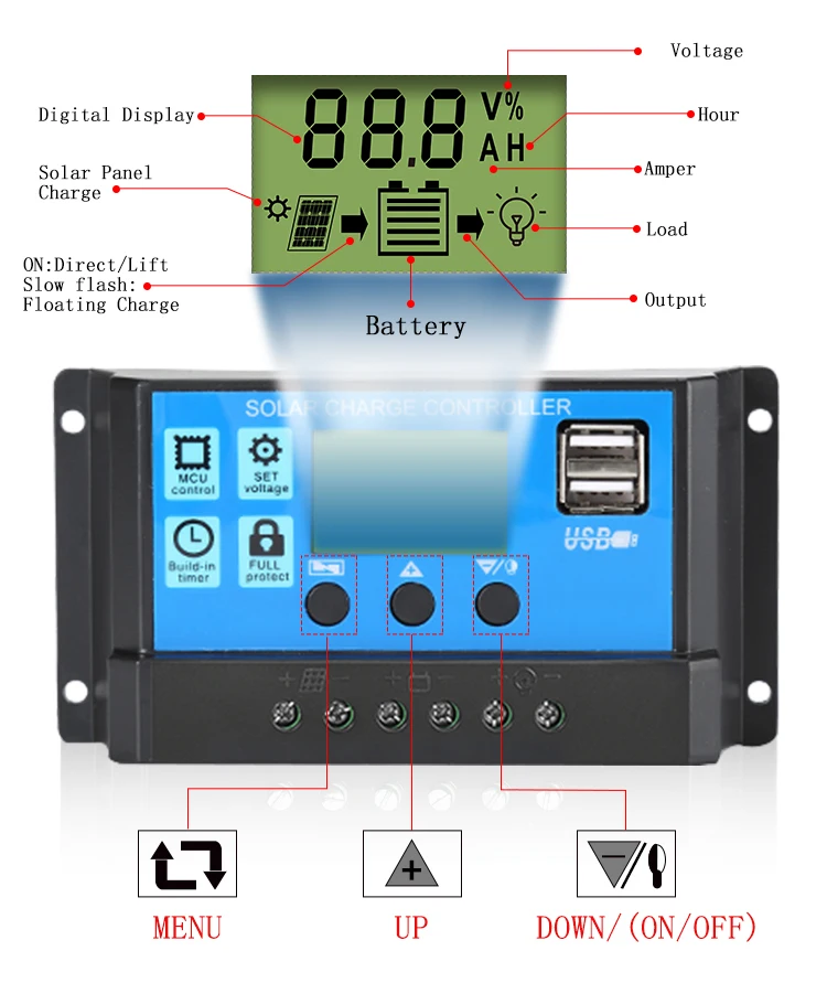 PWM LCD Solar Panel Battery Regulator Charge Controller 12V 24V 30a 10a 20a PWM Off Grid Solar Panel Charge Controller  With USB
