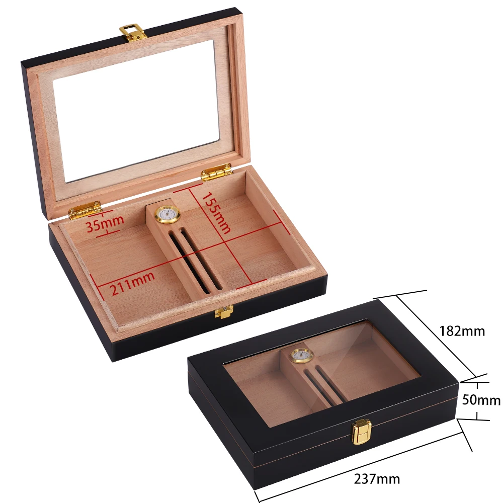 Custom humidor cigar box luxury wholesale smell proof black wooden blank hygrometer humidor cedar cigar box