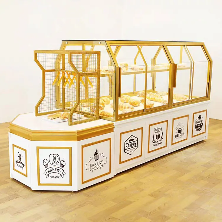 Floor Stand Supermarket Shelf Perpex Curved Glass Custom Cake Bread Acrylic Showcase Display Cabinet