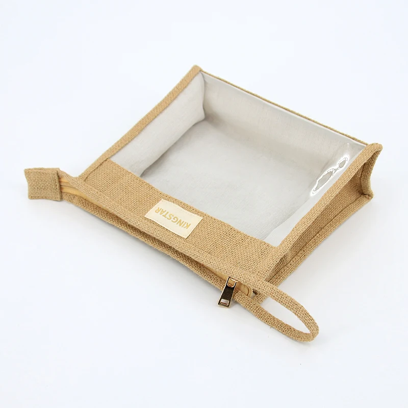 Organic jute Cotton Zipper Clear Makeup Bags with Zipper Small Toiletry Multi Purpose Travel Makeup Organizer for Women