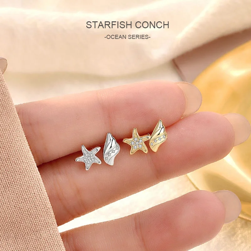 EA04 Boho Gold Beach Shell Starfish Conch Stud Earrings for Women Beach Piercing 925 Sterling Silver Earring Gift