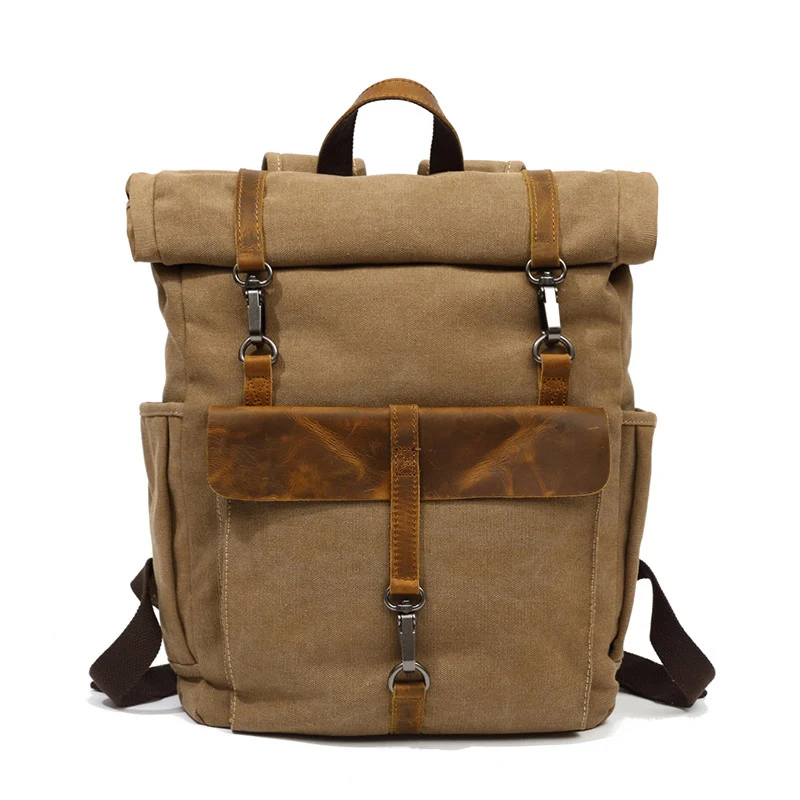Vintage waterproof canvas outdoor travel roll top pack fashion sport backpack