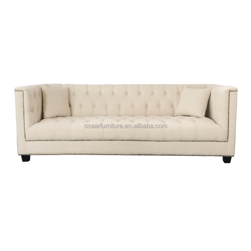 Classic Living Room Furniture White Linen Fabric Upholstered Button Tufted Sofa