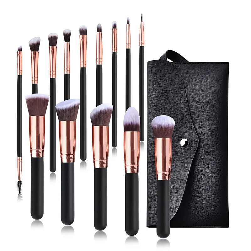 14PCS Brochas De Maquillaje Kabuki Brushes China Custom Logo Natural Wooden Handle Foundation Makeup Brush Set