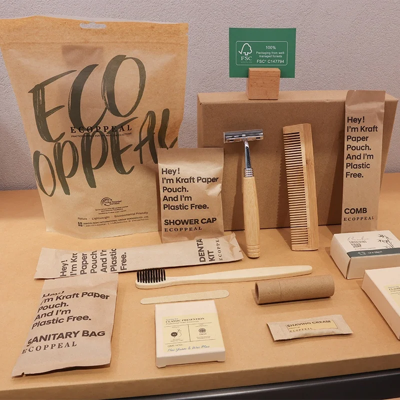 Luxury Eco Friendly Biodegradable Kraft Paper Hotel Guestroom Disposable Dry Amenities Dental Shaving Vanity Sewing Kit