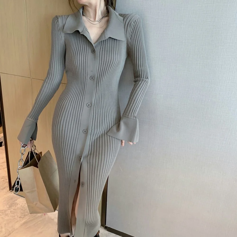 Autumn fashion turn-down collar  knitted sweater long knitted dress for women slim fit