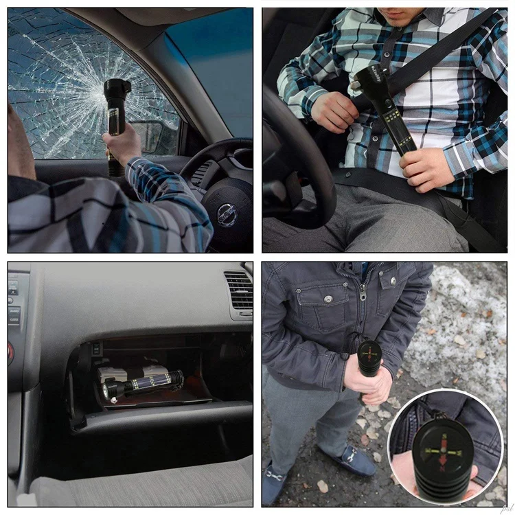 Compass Auto Car Window Breaker Hammer Emergency Tool Rechargeable Led Torch Safety Working Camping Solar Power Bank Flashlight