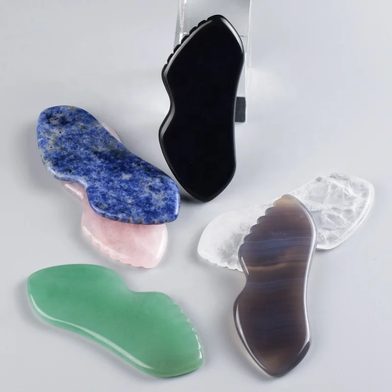 Custom Logo Body Massage Therapy GuaSha Board Tool Natural Grey Agate Gua Sha With Teeth stainless steel scraping massage