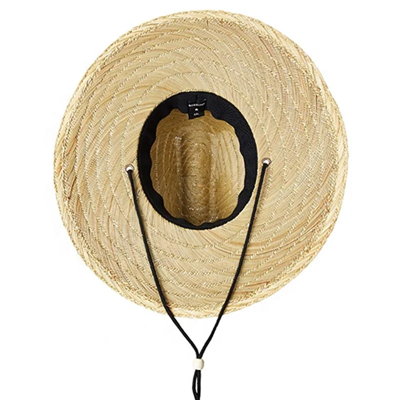 Custom sombrero summer wide brim hand made natural straw lifeguard hat with printed under brim Fabric beach hats