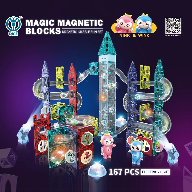 167 PCS Large Particle Magnetic Building Block Toy Electric Light Race Run Ball Marble Track Construction Set DIY Magic Blocks
