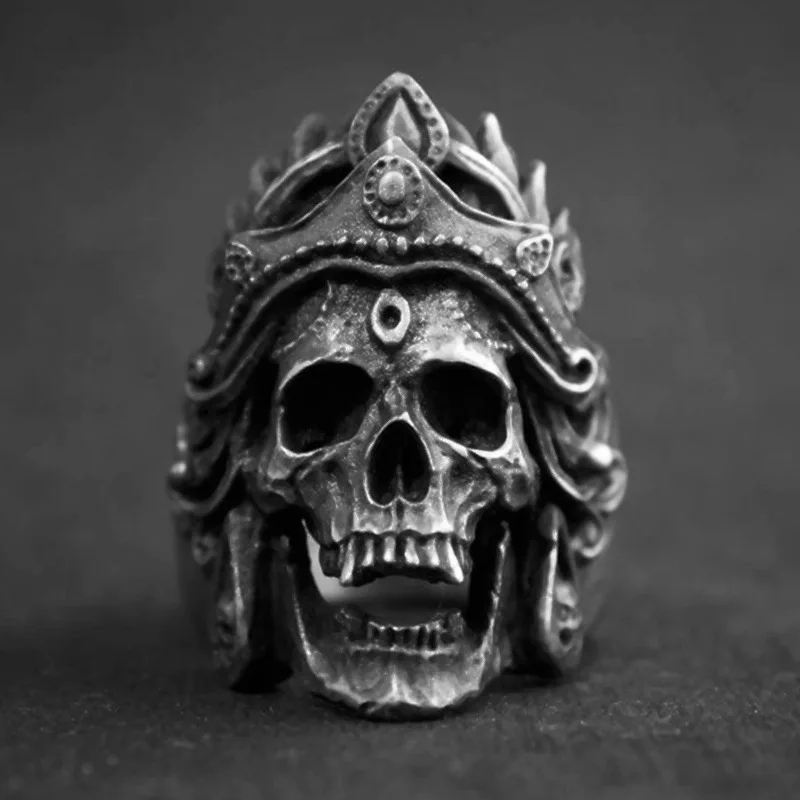 Domineering Indian Crown Skull Ring Heavy Punk Ancient Silver Plated Chunky Finger Rings for Men