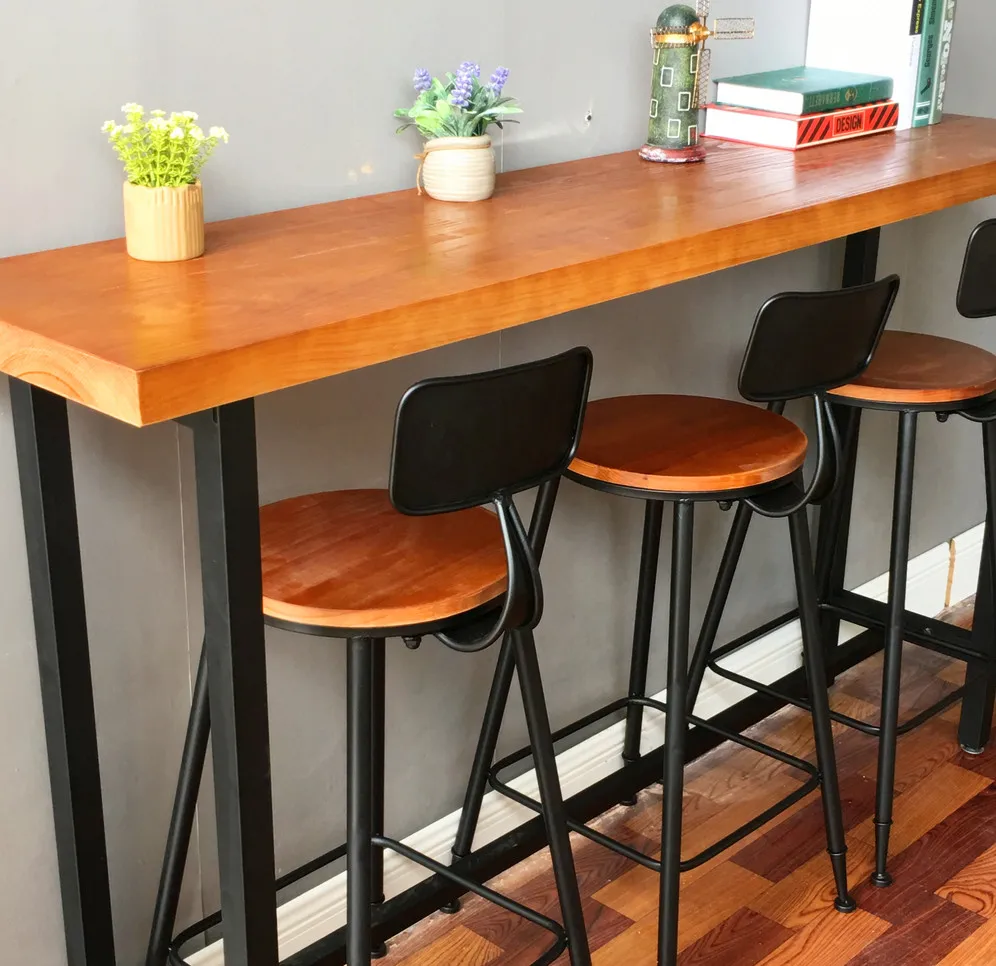 
Wholesale American vintage solid wood coffee shop Bar Counter simple Cafe Table combination metal high leg narrow long Bar Table 