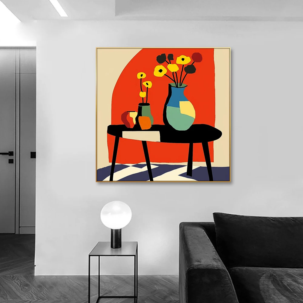 Square Contemporary Abstract Realism Wall Art Large Beautiful Vase with Bright Paintings Linen Material Oil Medium Cotton Base