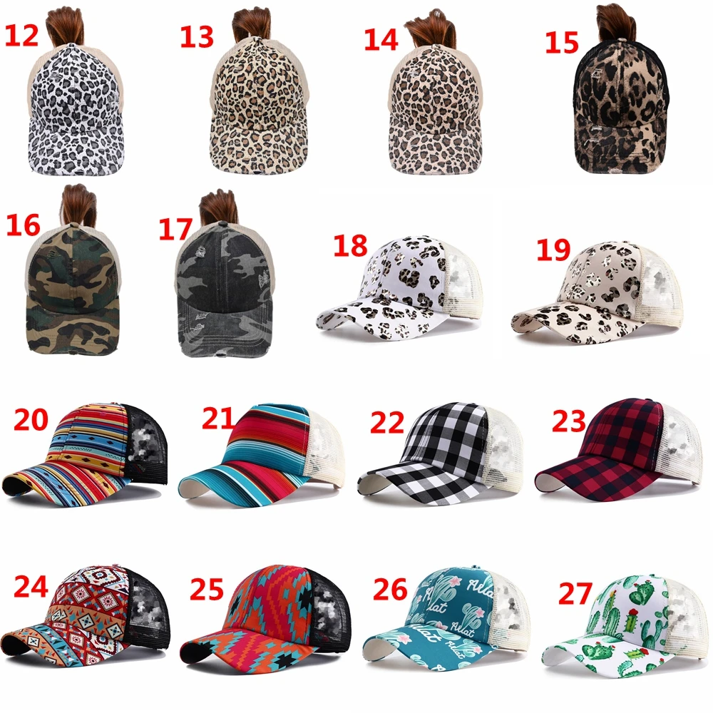 Women Leopard Print Distressed Trucker Hat Washed Cotton Ponytail Baseball Sports Caps Messy Bun CrissCross Ponytail Hat