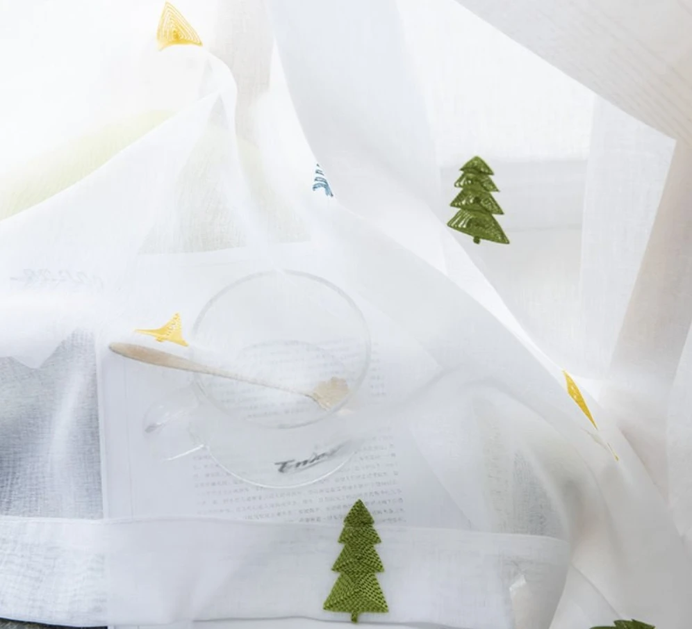 ZSTARR Factory Home Use Custom Christmas Tree Embroidered Linen Fabric Window Decoration Curtains Sheer for Living Room Bedroom