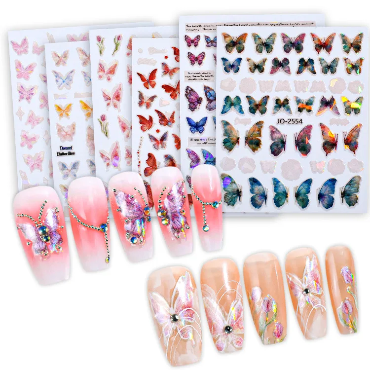 Wholesale 3D DIY Aurora Butterfly Flower Nail Decal Laser self-adhesive Glitter Nail Arts Sticker