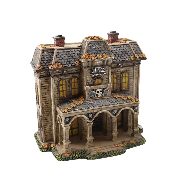 2024 Factory Supplies Wholesale Resin Pumpkin Ghost Skull Halloween Village With Light Resin Haunted House Props Halloween Decor