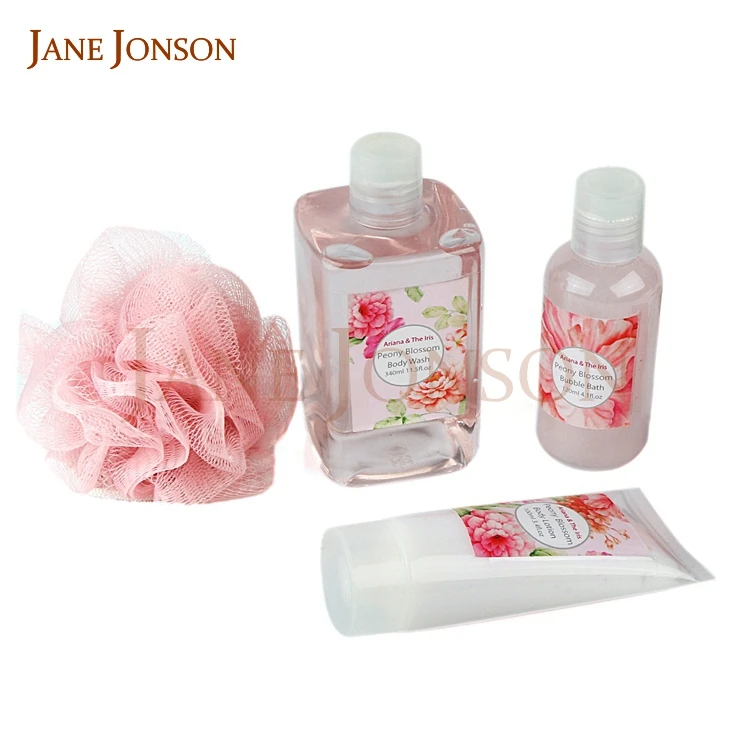 Private label shower gel body lotion gift set beauty bath with bath puff wholesale