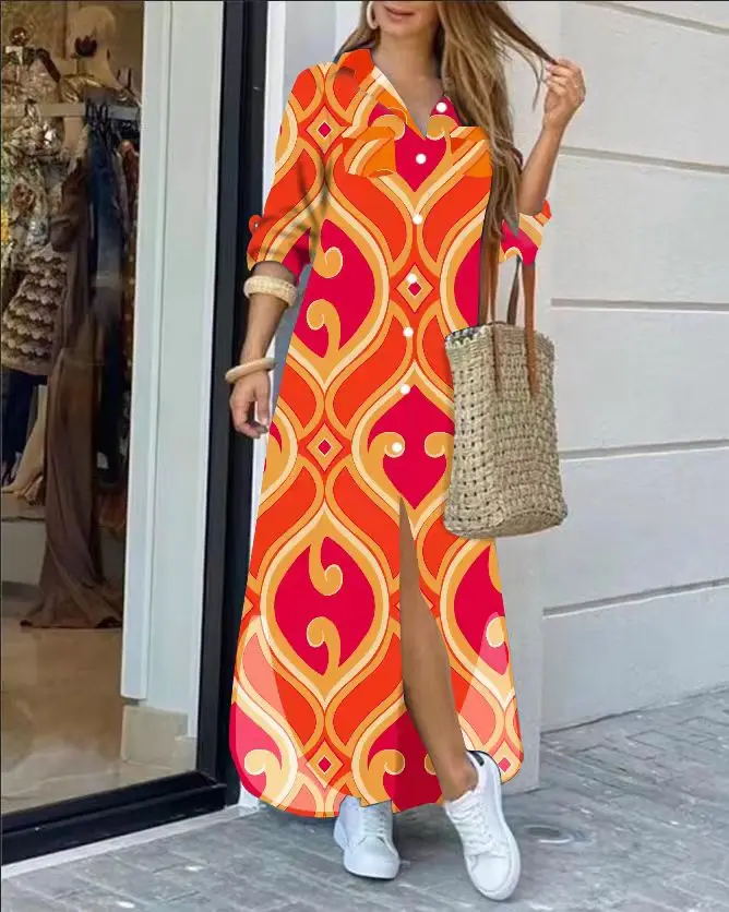 High-density real velvet digital printing long-sleeved shirt H-shaped dress with belt long sleeve dress shirts