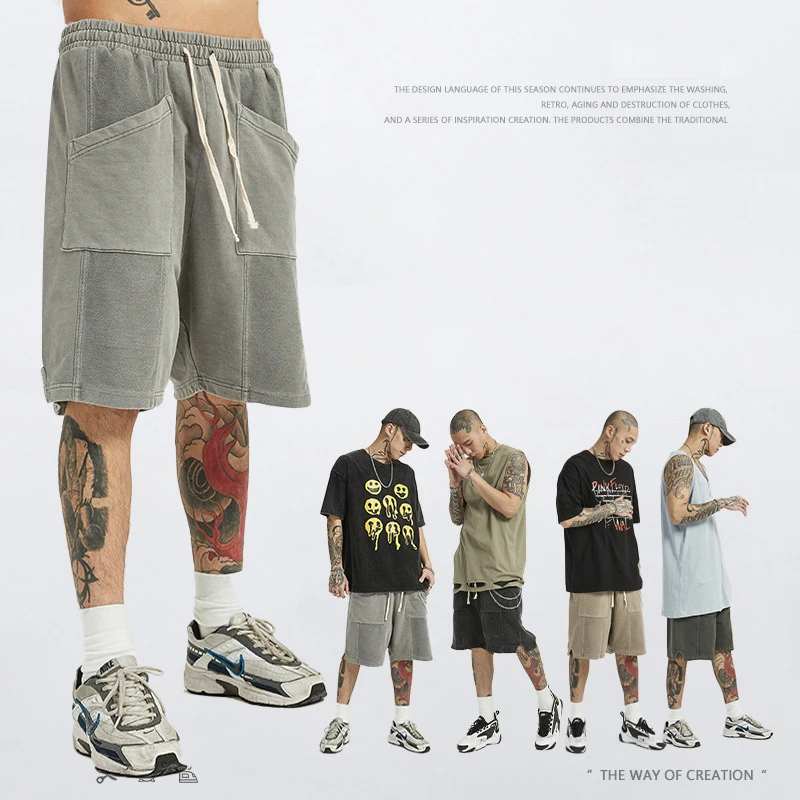 American street vintage shorts ins fashion brand split stitching sweatpants gym shorts men loose knitted shorts