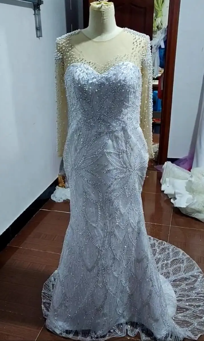 2024 Wedding Dress Mermaid Sheer Neck Long Sleeves Pearl Beaded Rehinestones Bridal Gowns For African Arabic Nigeria Black Women