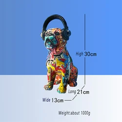 Colorful Sitting Bulldog Wearing Headset  Resin Crafts with Home Decoration