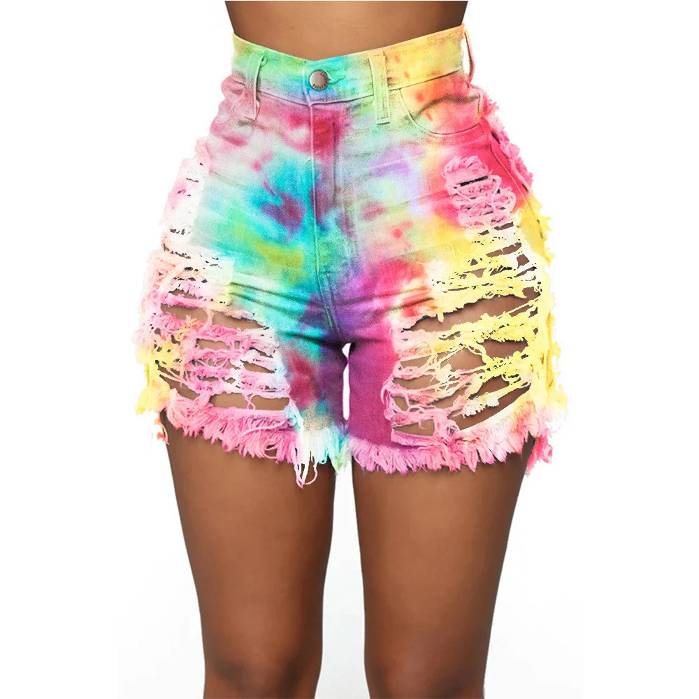 Liu Ming New Fashion Women Summer Ripped Casual Bottom Club Tie Dye Printed Short Jeans Denim Pants