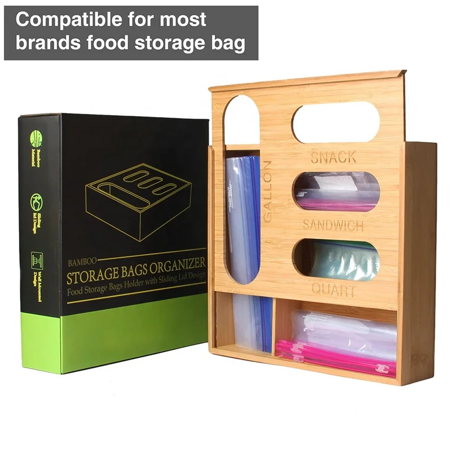 Natural kitchen wholesale bamboo ziplock bag organizer ziplock bag storage box
