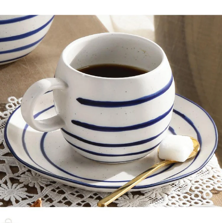 Hand-painted white blue stripe speckle stoneware dinner set luxury matte ceramic dinner plate porcelain nordic dinnerware set