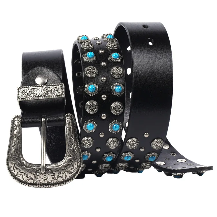 Luxury Turquoise and Studs Inlaid Western Buckle Genuine Leather Cowgirl Belt for Women