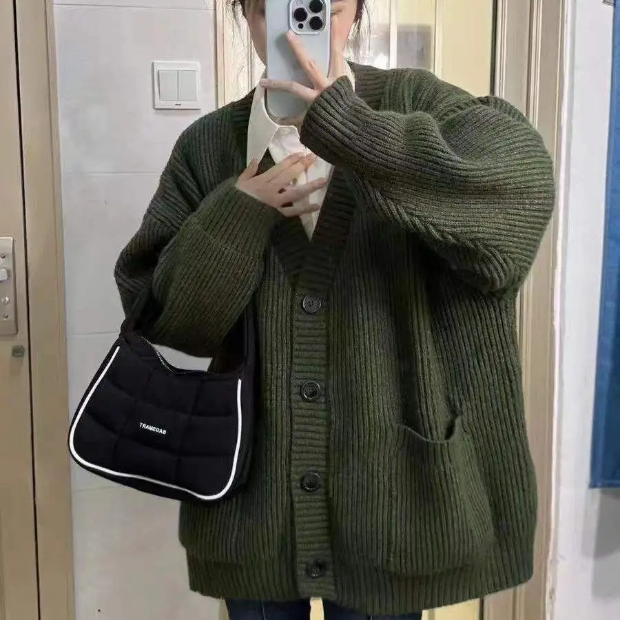 Camel Chunky Knit Button Up Cardigan Long Sleeve Twisted Crochet Sweater