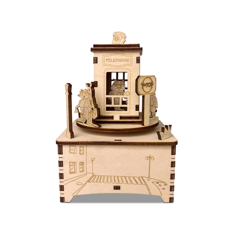 Wholesale Custom Wooden Music Box Creative Telephone Booth Theme Music Boxes 3D Puzzle Smooth Melody DIY Handmade Gift for Kids